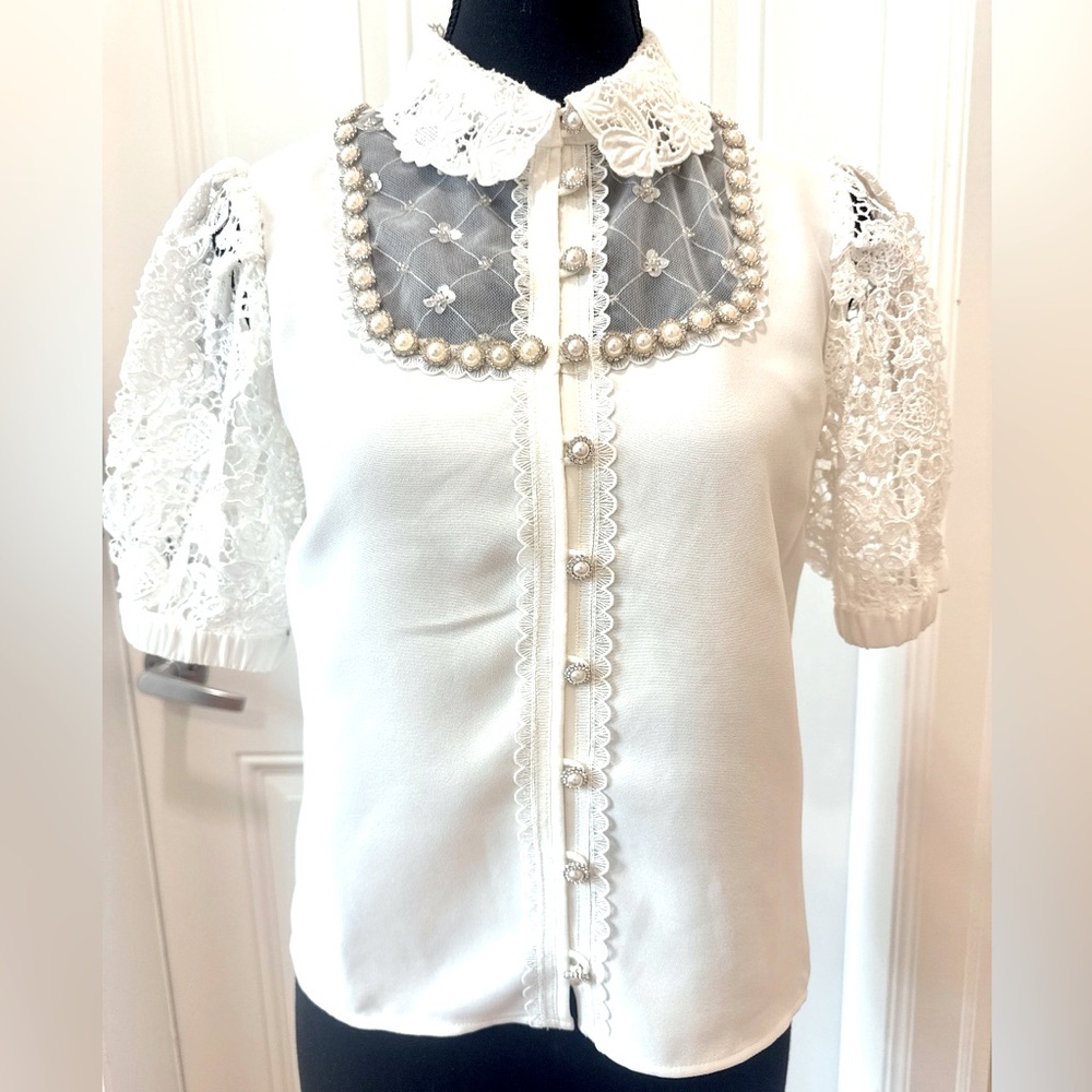 Self-Portrait Cream Embellished Blouse with Peter Pan Collar